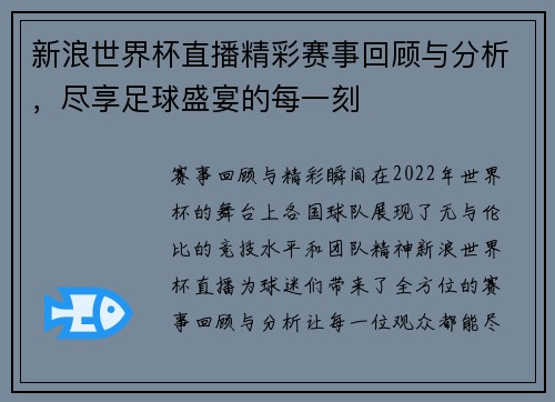 新浪世界杯直播精彩赛事回顾与分析，尽享足球盛宴的每一刻
